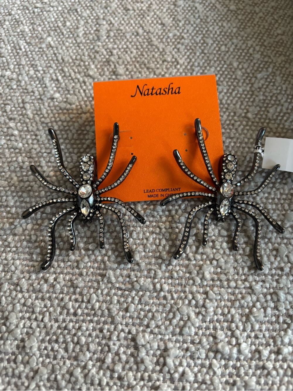 Natasha Couture Black Rhinestone Spider Statement Earrings